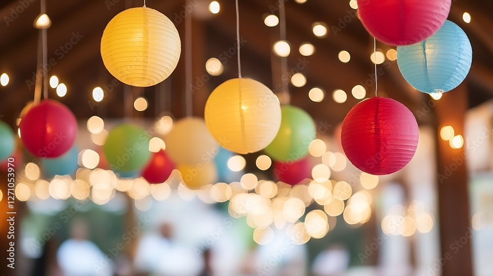 Poster colorful paper lanterns hanging with soft fairy lights for a festive atmosphere : generative ai
