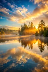 Fototapeta premium Misty Dawn Reflection: Tranquil Lake, Golden Sunrise, and Serene Forest – 10K Ultra-HD Breathtaking Scenery