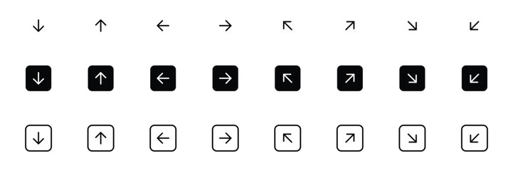 Arrow Icons Set. up, down, left, right, square shape arrow icon collection. Flat, and Line Icons Perfect for Website, App, and digital project. Fully scalable and customizable for print and digital.