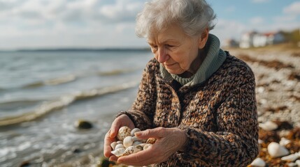 Elderly Woman Collecting Seashells by the Sea, a Peaceful Autumn Day