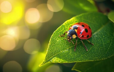 Fototapeta premium A vibrant ladybug crawling on a fresh green leaf