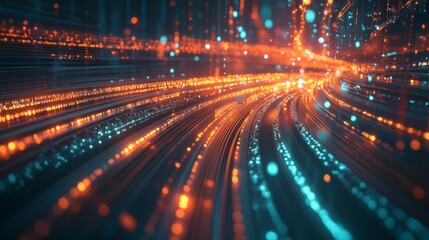 Obraz premium Dynamic blue and orange light streams coursing through fiber optic cables, emblematic of advanced high-speed internet and data transfer innovations, set against a dark, futuristic background