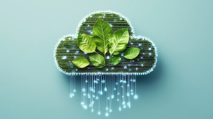 Leaf Designed as a Cloud Icon with Data Streams, Representing Cloud Computing and Eco-Friendly Data Centers