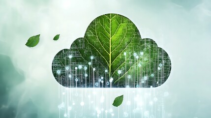 Leaf Designed as a Cloud Icon with Data Streams, Representing Cloud Computing and Eco-Friendly Data Centers