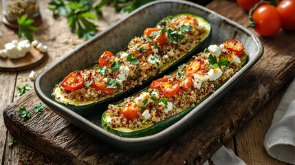 Stuffed zucchini boats with quinoa, tomatoes and cheese on a wooden board. Healthy vegetarian meal.