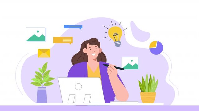 Vector character design scene animation illustrating the creative thinking process, with characters developing concepts, brainstorming, and using design tools to bring ideas to life.