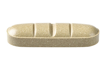 A large oval beige-colored sleeping pill, white background, high-resolution photography, professional photograph, from all sides, side view, top view, photo taken from above. 