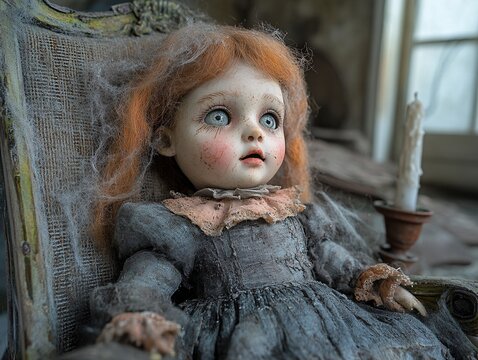 A chilling scene of a porcelain doll with cracked features, sitting on a decaying Victorian child's chair, its unblinking eyes reflecting unseen horrors in the soft glow of a flickering candle