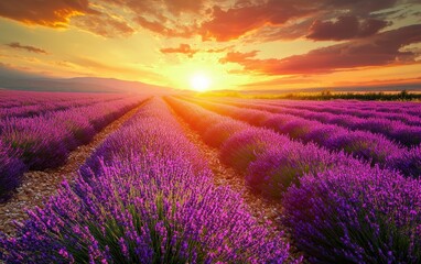 Obraz premium Beautiful lavender fields in full bloom under a golden sunset