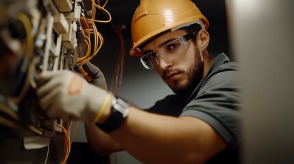 Focused Expertise: A skilled electrician, donning a safety helmet and protective eyewear, meticulously works on an electrical panel, embodying precision and professionalism