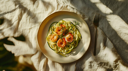 Shrimp and zucchini noodle dish elegantly plated, bathed in soft, natural light, creating a culinary delight.