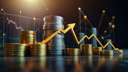 golden coins on the financial graph stock market