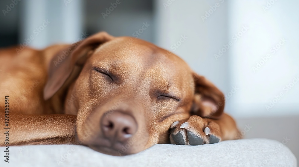 Poster sleepy dog napping comfortably on a couch in a cozy indoor environment captured in warm tones : gene