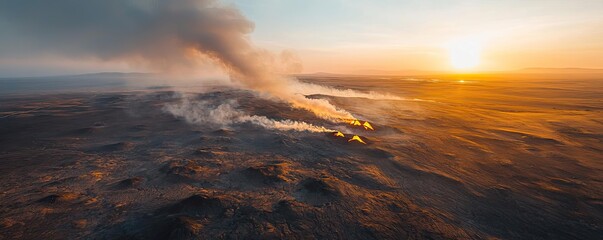 Fototapeta premium Volcanic landscapes concept. A breathtaking aerial view of volcanic eruptions at sunset, showcasing nature's power.