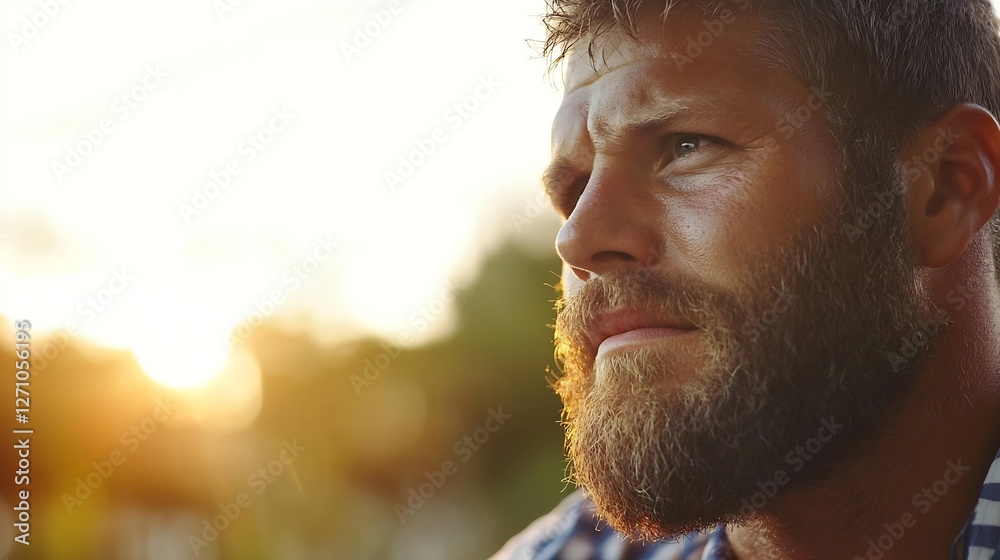 Poster closeup portrait of a bearded man with a thoughtful expression illuminated by warm sunset light : ge