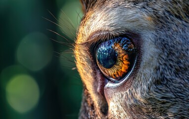 Close-up of a deers eye reflecting the forest surroundings