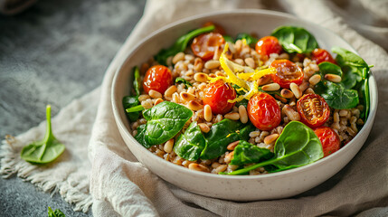Healthy grain bowl with spinach, tomatoes, pine nuts, and lemon zest on a beige cloth.