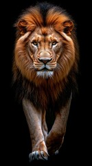 Naklejka premium A lion moves through a dark, secluded space against a black backdrop