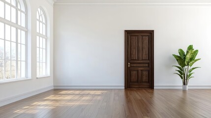 Obraz premium Bright Minimalist Empty Room with White Walls, Wooden Floor, and Large Arch Windows