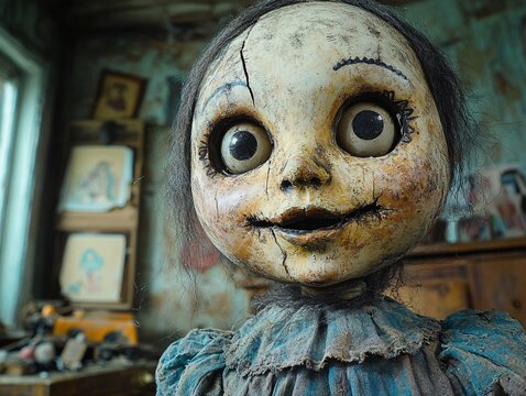 A chilling scene of a porcelain doll with cracked features, sitting on a decaying Victorian child's chair, its unblinking eyes reflecting unseen horrors in the soft glow of a flickering candle
