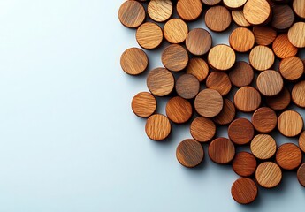 A collection of various wooden circles arranged in a visually appealing pattern. Ideal for backgrounds, textures, and design projects. Copy space