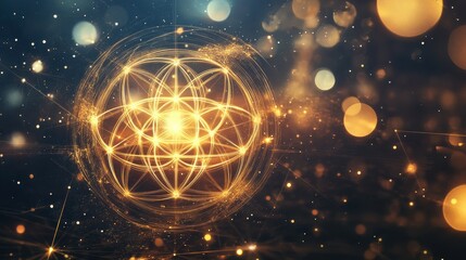 A glowing sacred geometric sphere featuring the Flower of Life pattern floats above a cosmic landscape, radiating golden light. Background is deep space with stars and nebulae