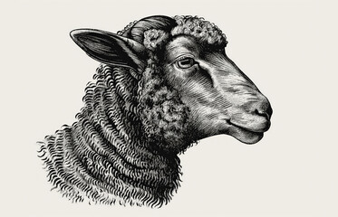 Sheep, lamb. Vintage retro print, black white sheep lamb sketch ink pencil style drawing, engrave old school. Sketch artwork silhouette farm sheep lamb. Side view profile. Illustration