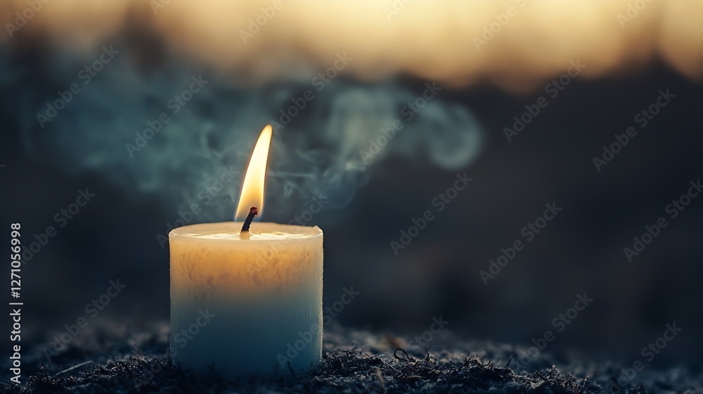 Fototapete close up of a burning candle with soft smoke curling in the warm dusk light creating a calming atmos