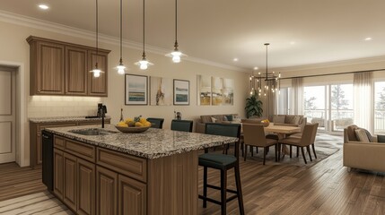 Open-plan kitchen, dining, living room; modern design, hardwood floors; luxury apartment, home staging