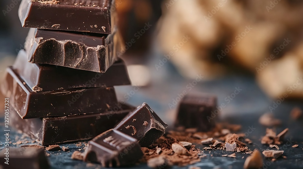 Poster rich dark chocolate pieces artistically arranged amidst crumbs on a textured background inviting ind
