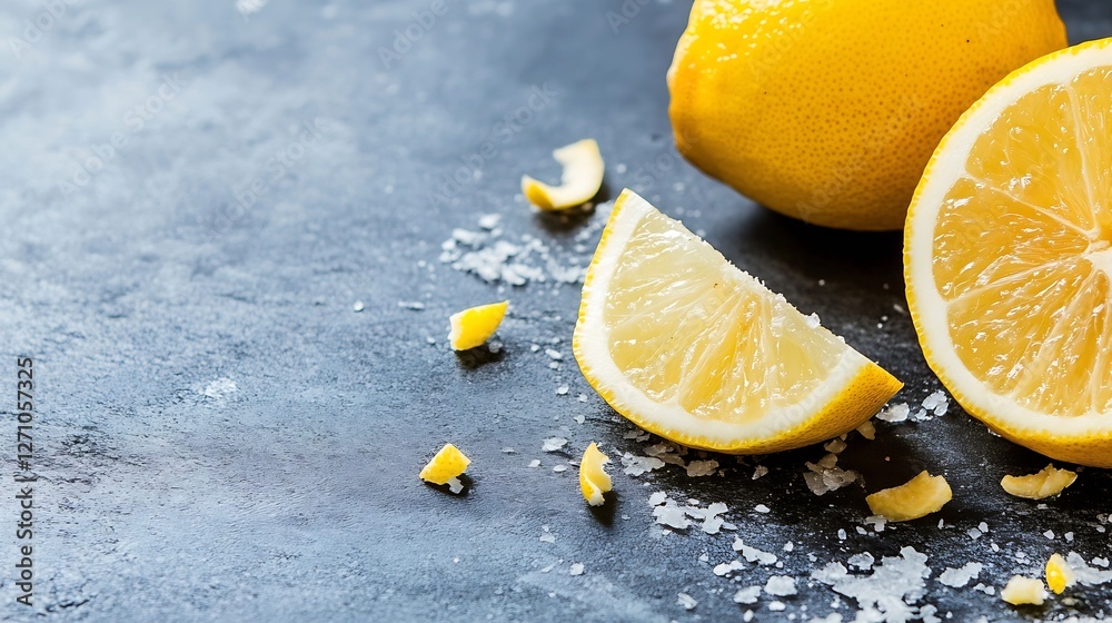 Fototapete Fresh ripe lemons on dark stone background with slices and zest conveying a refreshing and sour essence : Generative AI