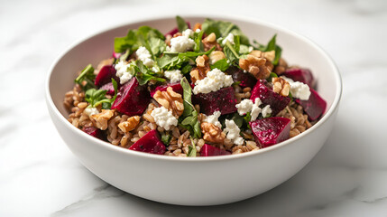 Bright and colorful grain bowl with beets, walnuts, greens, and soft cheese crumbles.