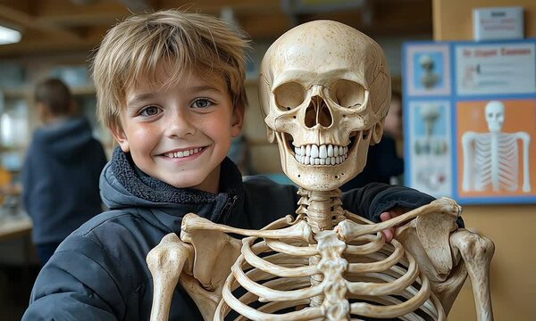 A young boy is holding a skeleton in his arms