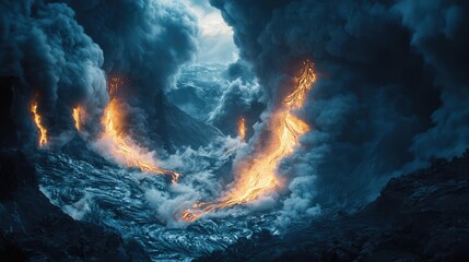 Fototapeta premium Volcanic landscapes concept. A dramatic volcanic eruption with flowing lava amidst dark, smoky clouds.