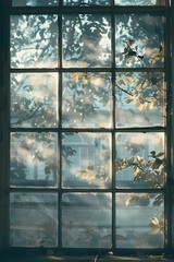 Sunlight filtering through a vintage window adorned with leafy branches, creating a serene atmosphere