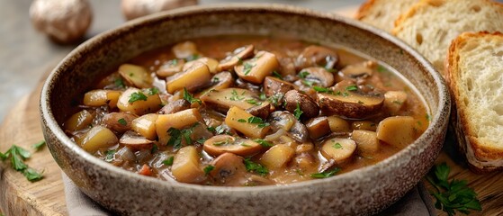 Freshness Fungus Gourmet, Hearty Mushroom Stew in a Rustic Bowl with Crusty Bread on the Side