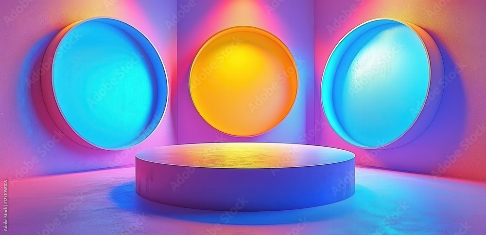 Poster a vibrant abstract background showcasing colorful circular light patterns against a smooth surface. 