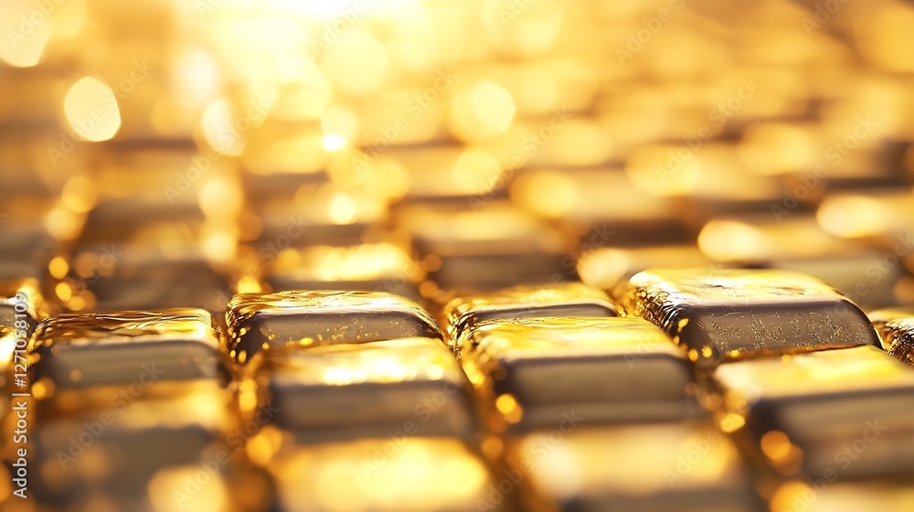 Poster glittering gold bars stacked together creating a luxurious and reflective surface under bright light