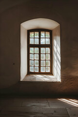 Fototapeta premium Sunlight streaming through an old wooden window, illuminating a rustic interior space