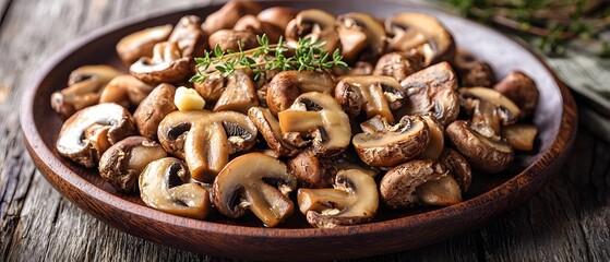 Fototapeta premium Freshness Fungus Gourmet, Sauted Mushrooms with Garlic, Butter, and Thyme on Wooden Plate