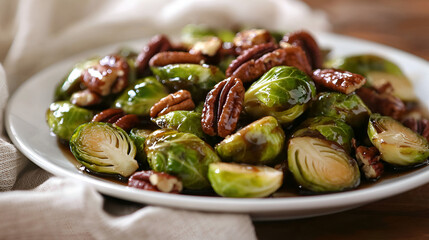 Plate of roasted Brussels sprouts and pecans with a savory glaze on a rustic wooden table.