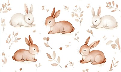 Cute illustration rabbits, several distributed in the picture, fresh watercolor style simple, Generative AI