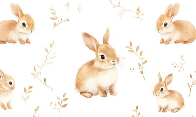 Obraz premium Cute illustration rabbits, several distributed in the picture, fresh watercolor style simple, Generative AI