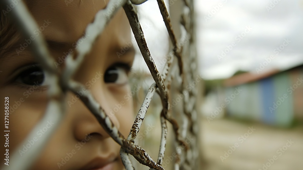 Poster emotional closeup of a young child peering through a rusty fence displaying feelings of confinement 