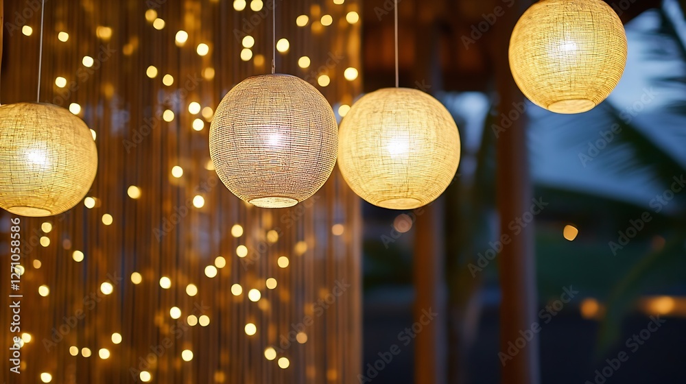 Aufkleber Beautifully lit hanging lanterns creating an enchanting atmosphere with golden bokeh lights in the background : Generative AI