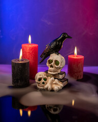 Crow figure sitting on the skulls and bones. Candles burning around, mystical light and smoke in the air.