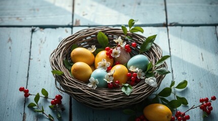 easter mood wicker nest filled with brightly colored Easter eggs