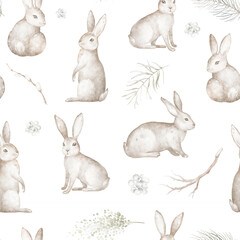 Watercolor seamless pattern featuring cute Easter bunnies and rabbits. Hand drawn dim wallpaper with Easter eggs. Perfect for children's decor, textiles. Design for themed products and nursery wallpap