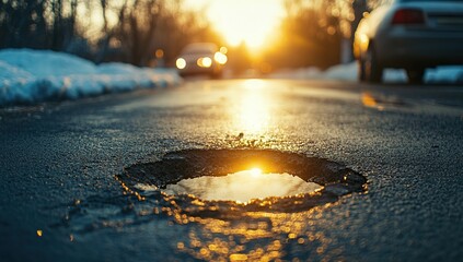 Sunset Glows on Pothole Filled Winter Road, Reflecting Golden Light, Showing Winter's Harsh Impact on Infrastructure