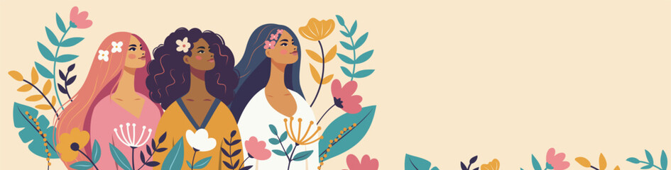 March 8. Women's Day. Beautiful women of different skin colors and cultures stand against a background of flowers. Vector banner in pink pastel colors. For women's projects with place for text.
